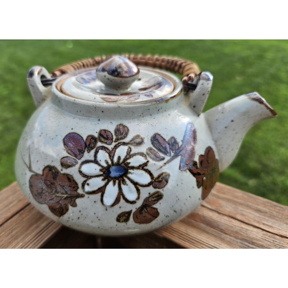 Vintage Otagiri Stoneware Tea Pot Rattan Handle Happu Folkware Japan
